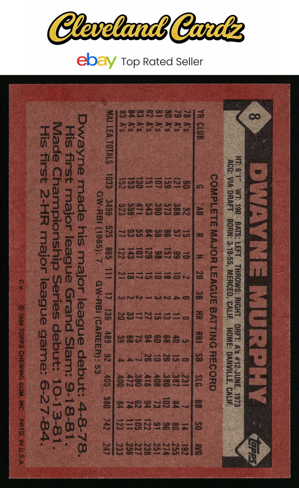 1986 Topps #8 Dwayne Murphy