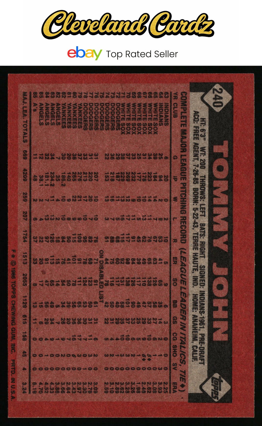 1986 Topps #240 Tommy John