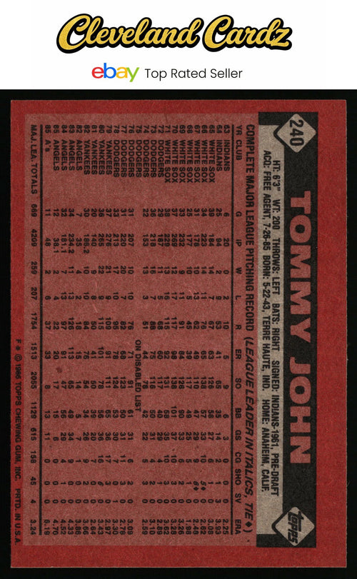 1986 Topps #240 Tommy John