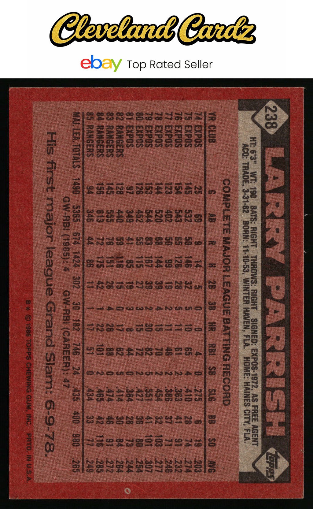 1986 Topps #238 Larry Parrish