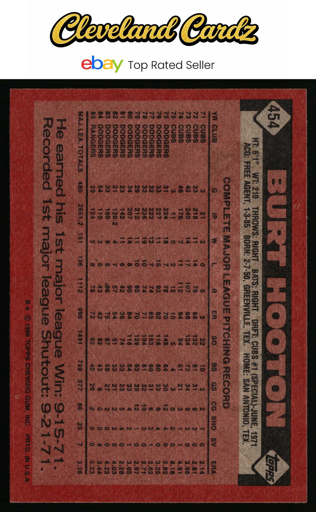 1986 Topps #454 Burt Hooton
