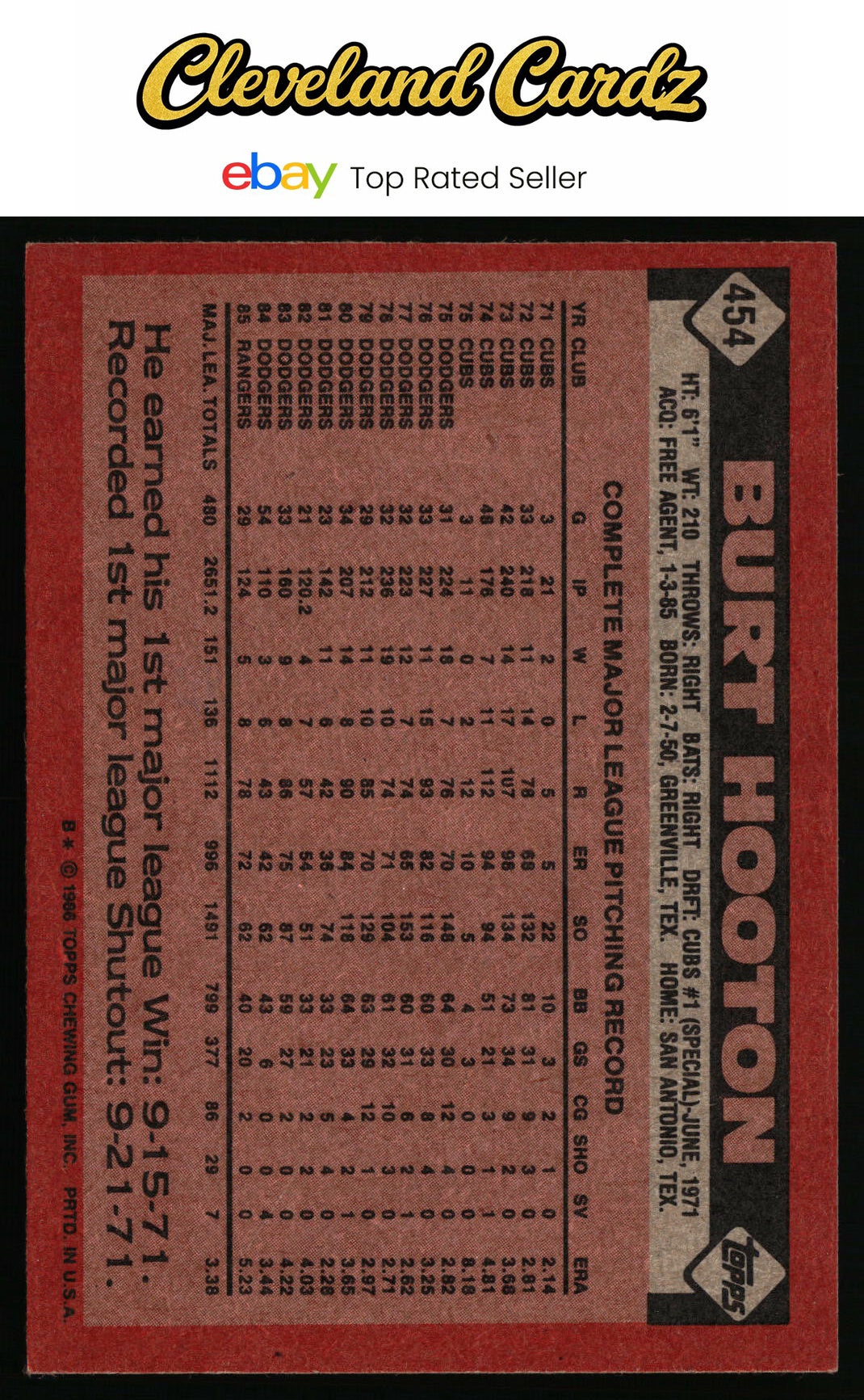 1986 Topps #454 Burt Hooton