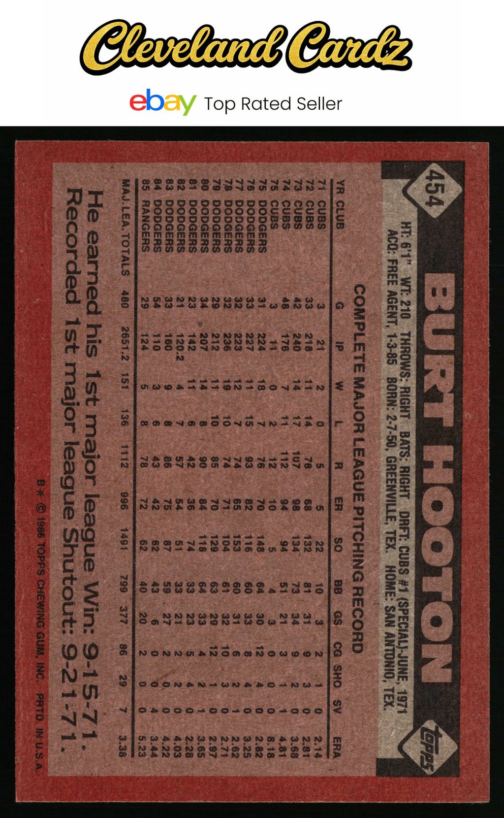 1986 Topps #454 Burt Hooton