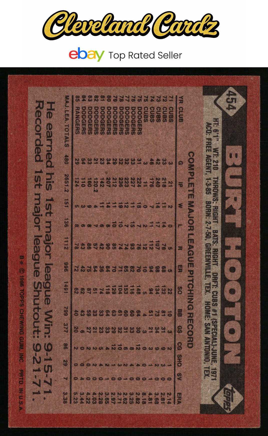 1986 Topps #454 Burt Hooton