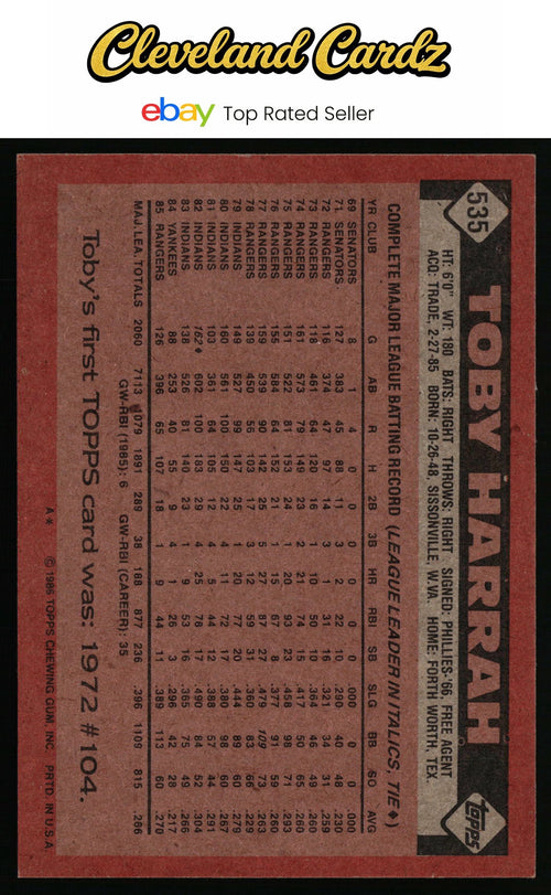 1986 Topps #535 Toby Harrah