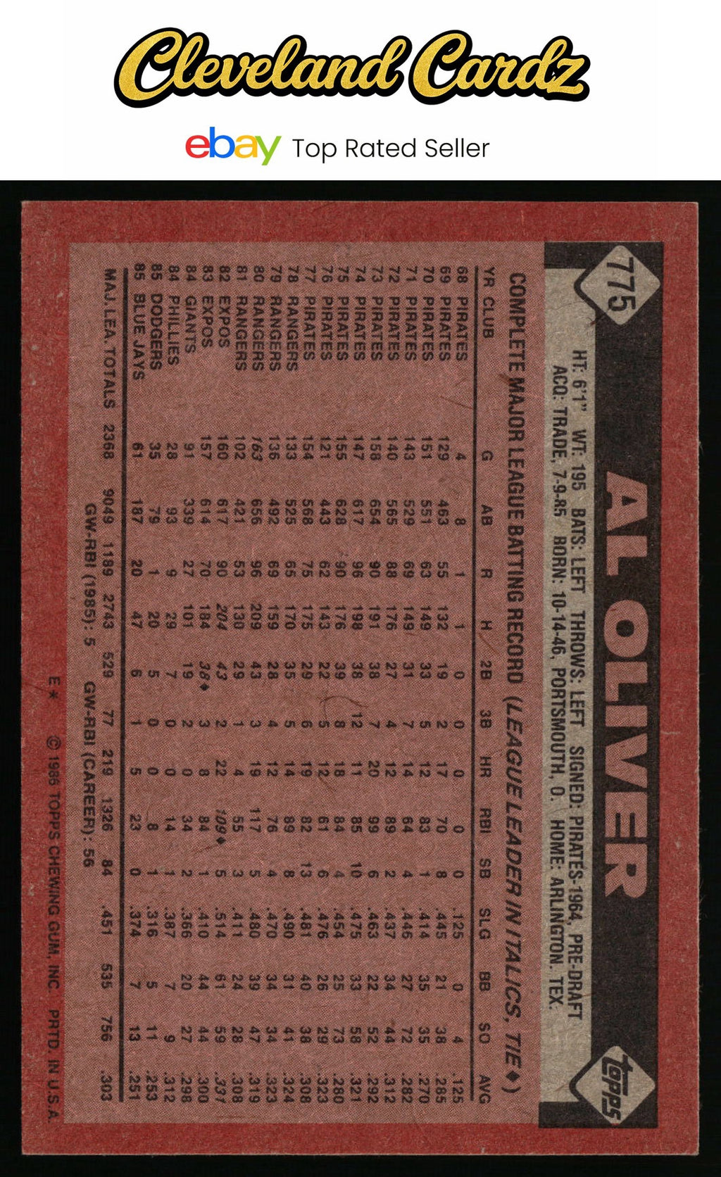 1986 Topps #775 Al Oliver