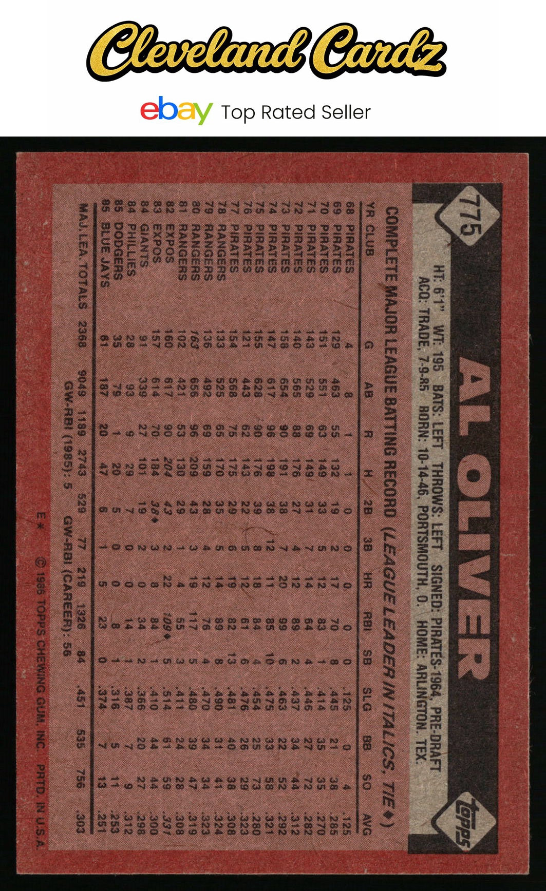 1986 Topps #775 Al Oliver