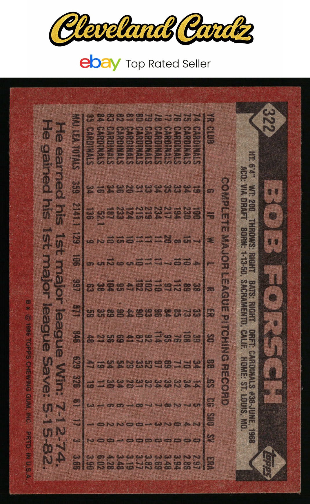 1986 Topps #322 Bob Forsch