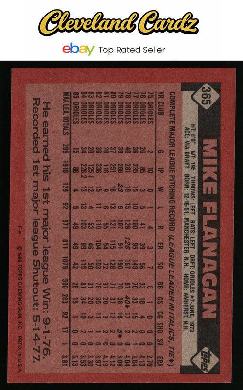 1986 Topps #365 Mike Flanagan