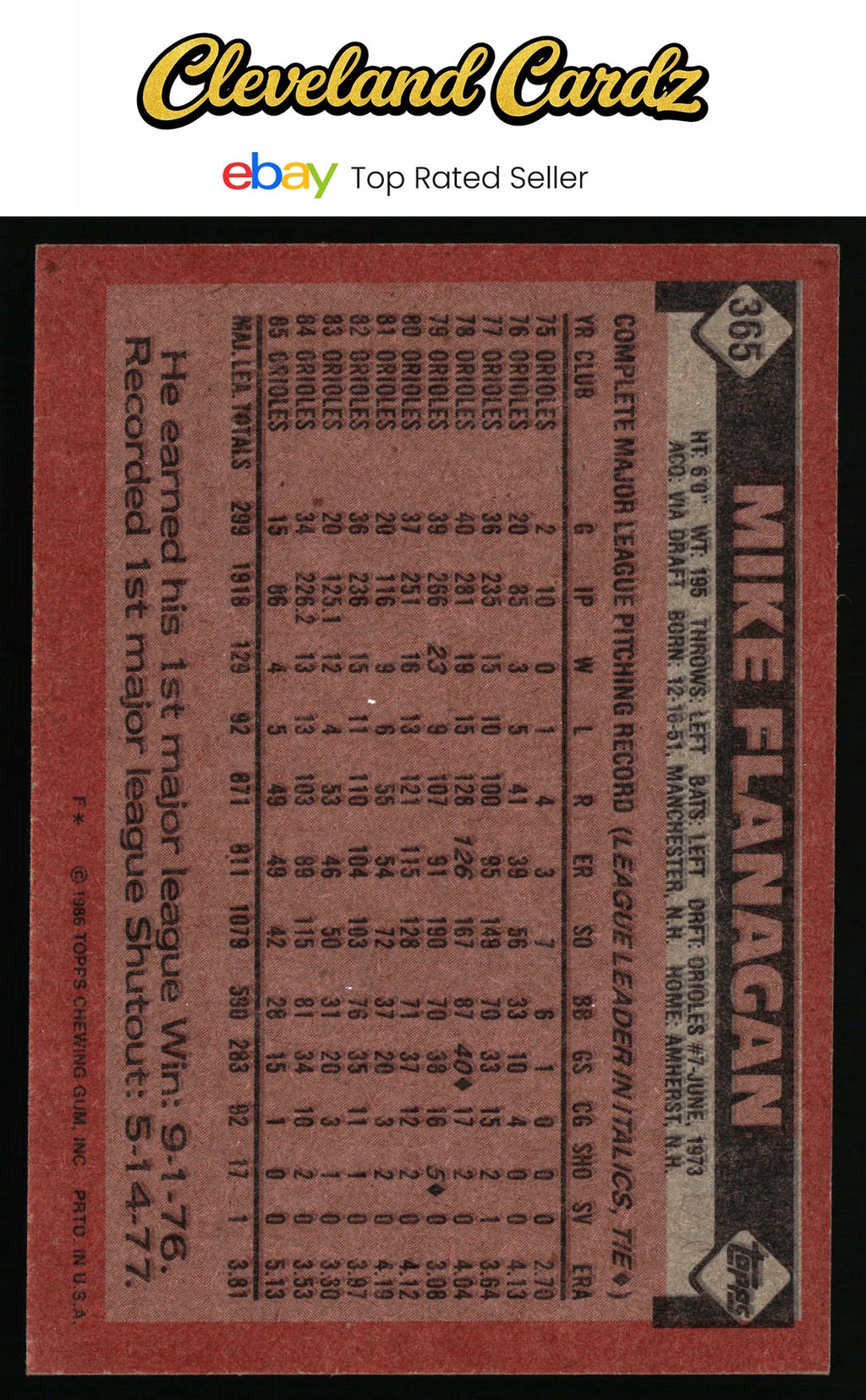 1986 Topps #365 Mike Flanagan