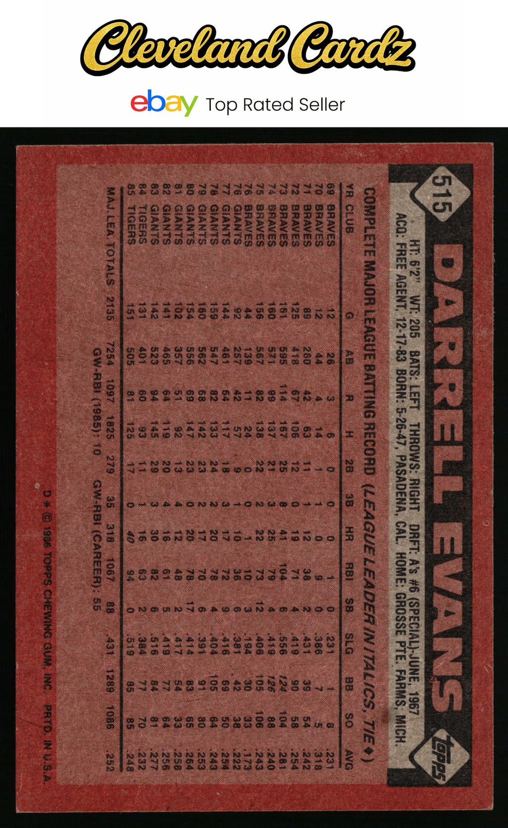 1986 Topps #515 Darrell Evans