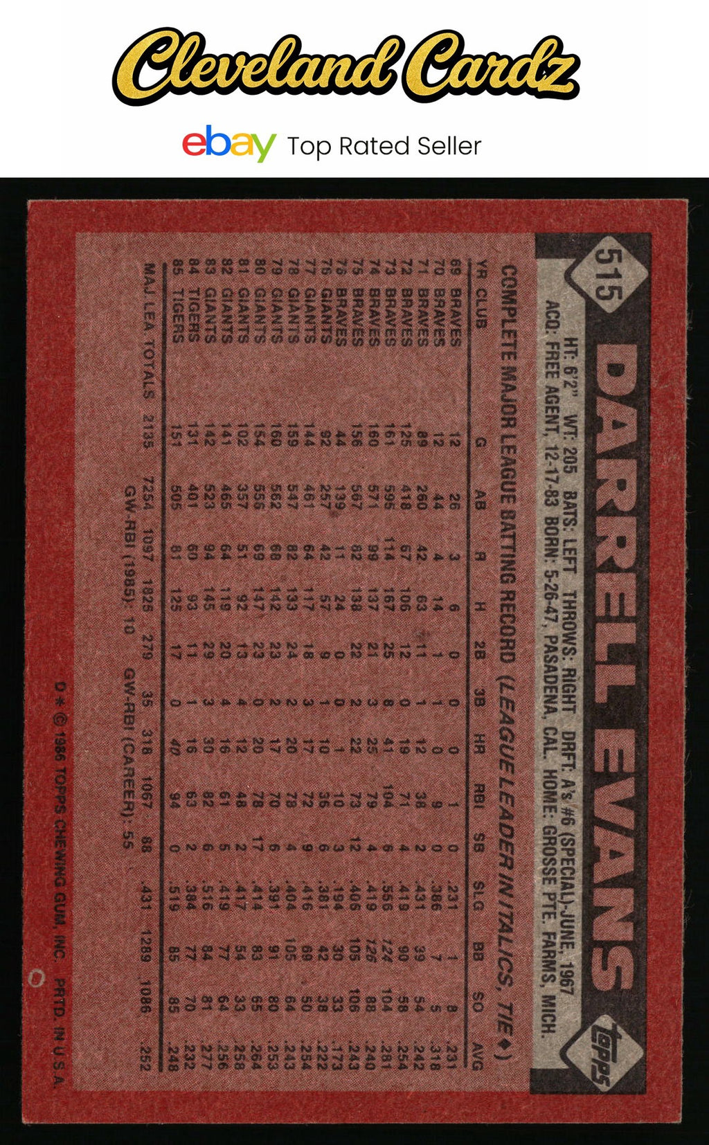 1986 Topps #515 Darrell Evans