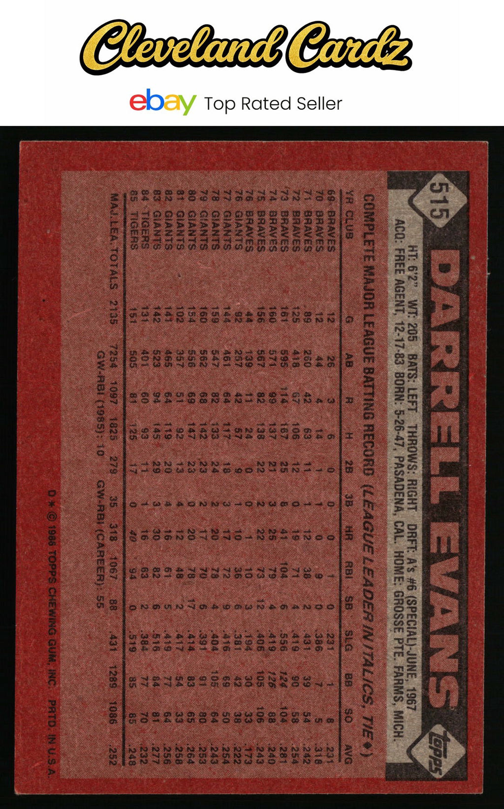 1986 Topps #515 Darrell Evans
