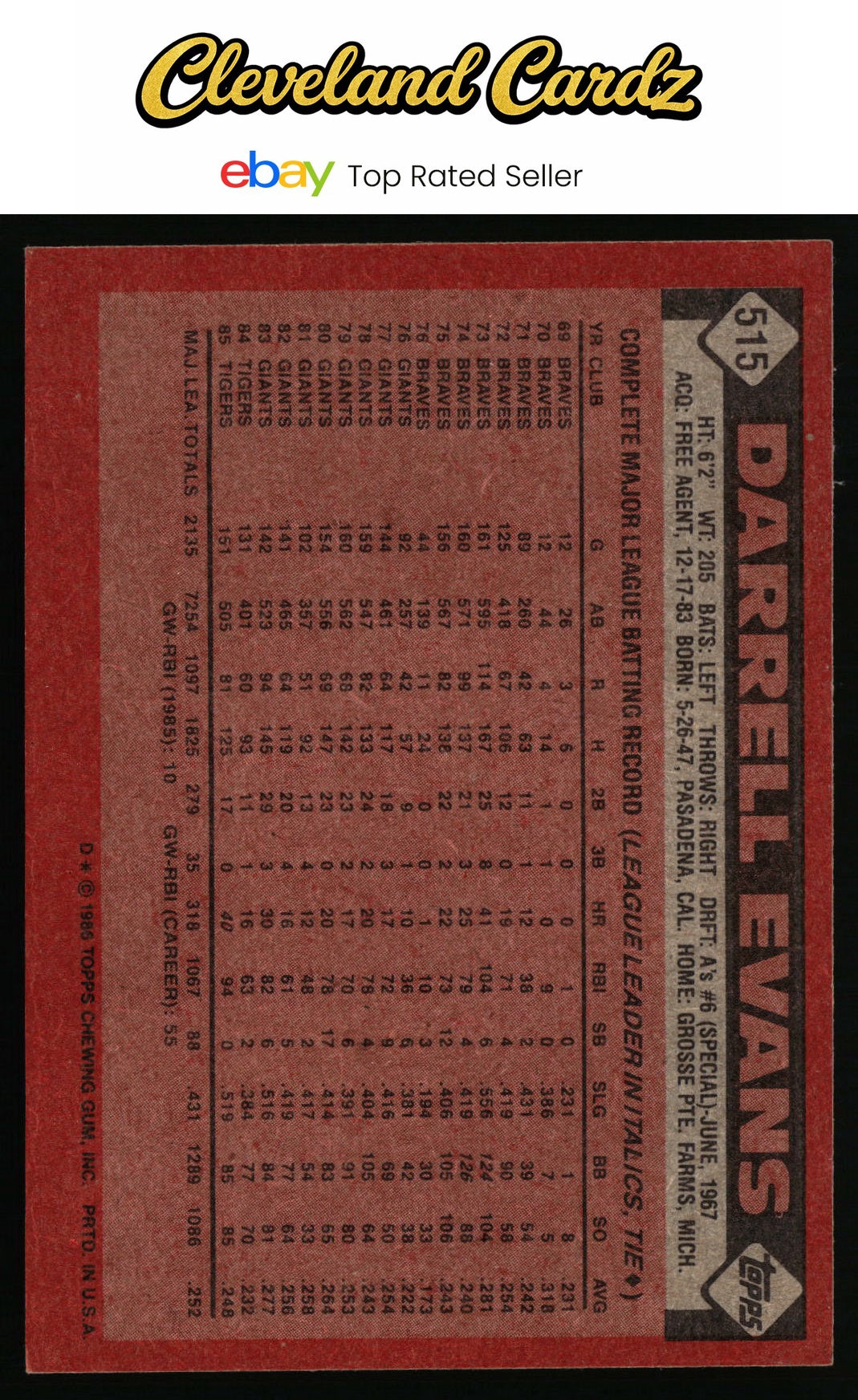 1986 Topps #515 Darrell Evans