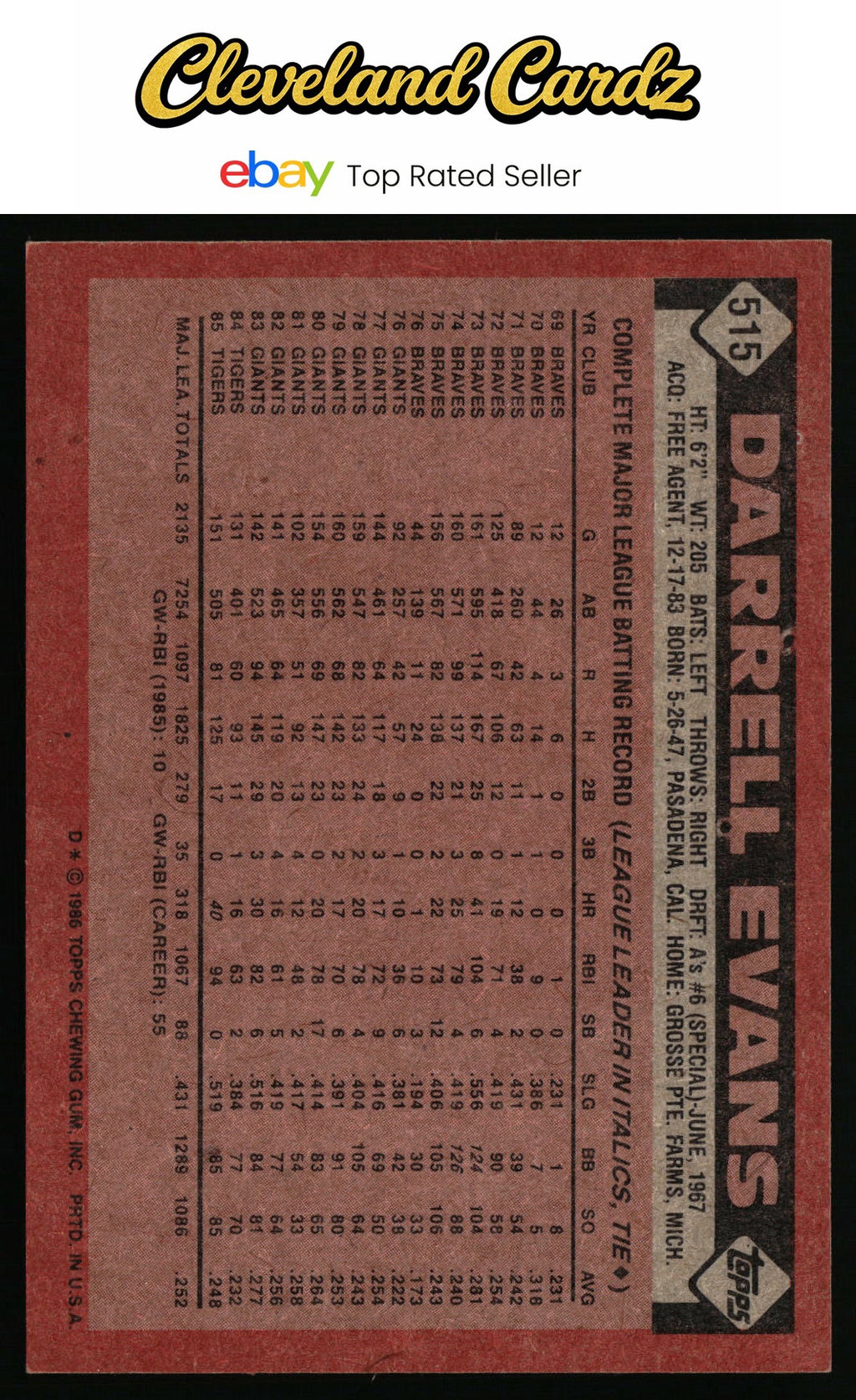 1986 Topps #515 Darrell Evans