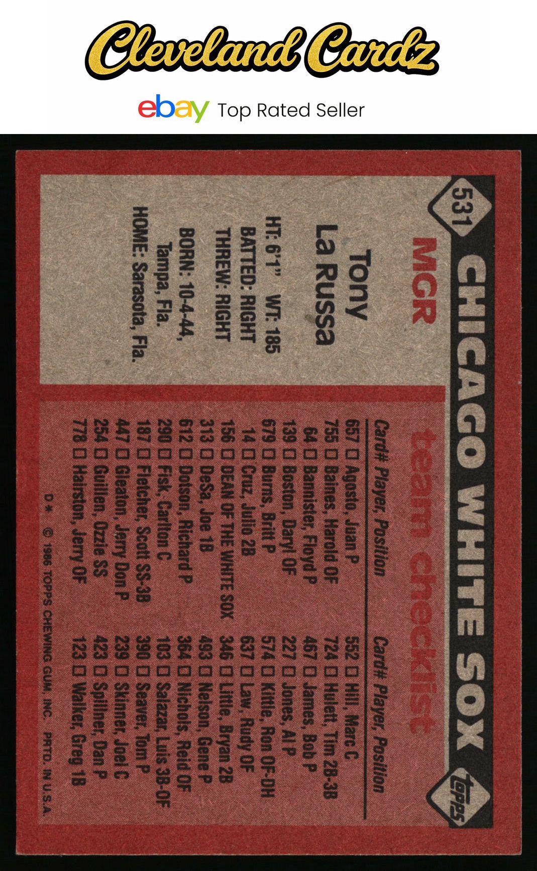 1986 Topps #531 Tony La Russa