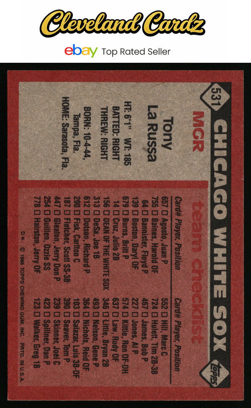 1986 Topps #531 Tony La Russa