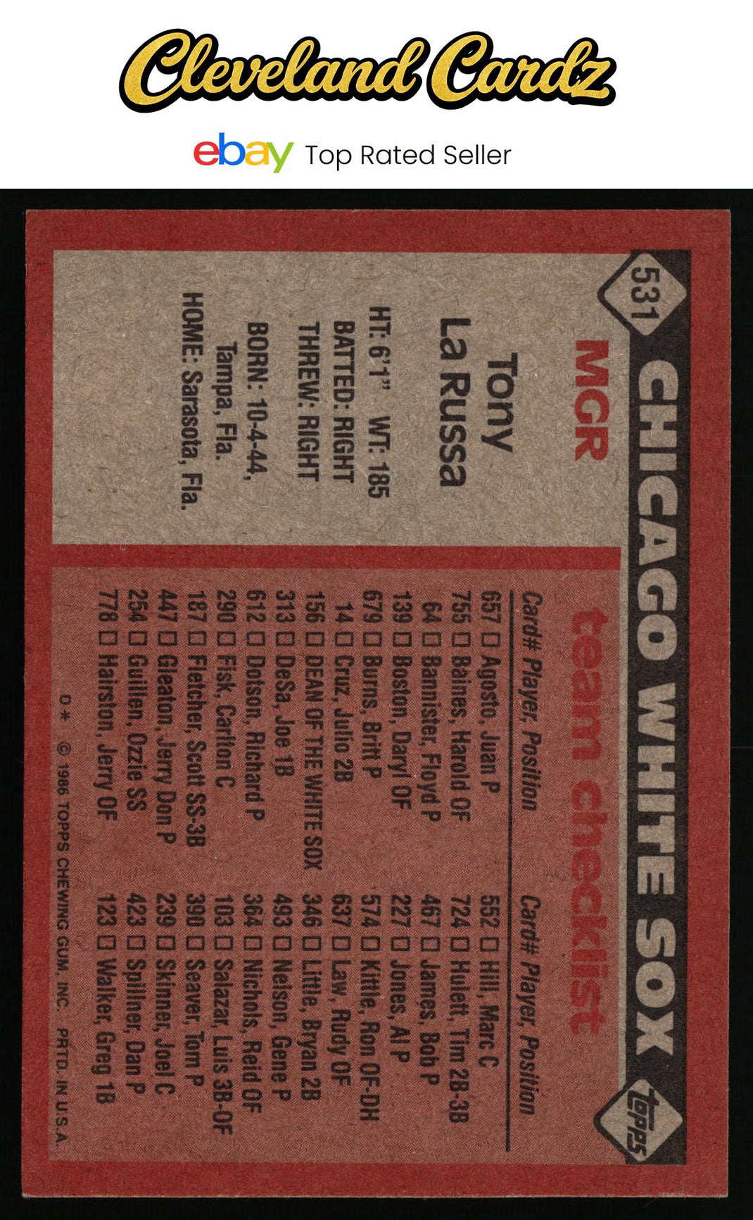 1986 Topps #531 Tony La Russa