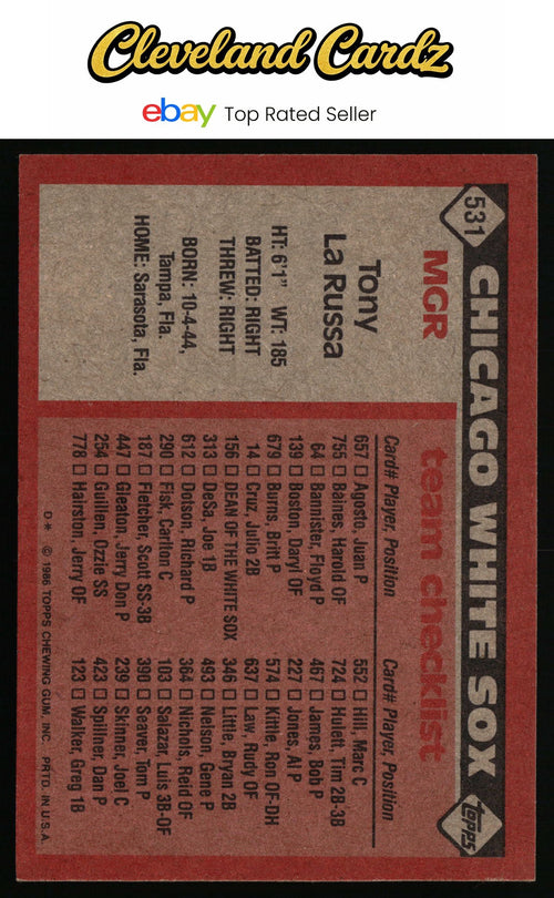 1986 Topps #531 Tony La Russa