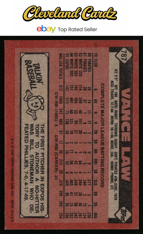 1986 Topps #787 Vance Law