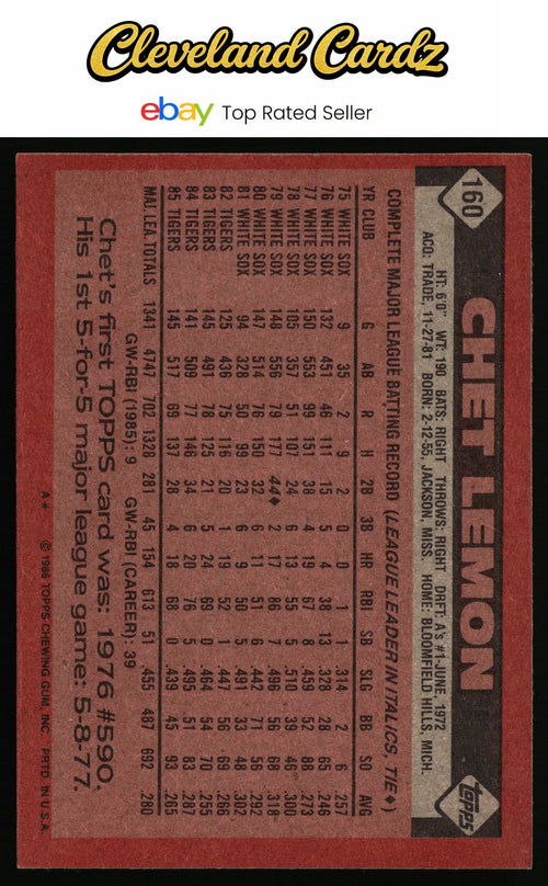 1986 Topps #160 Chet Lemon