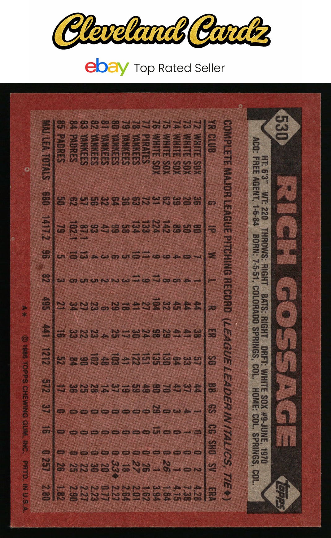 1986 Topps #530 Rich Gossage