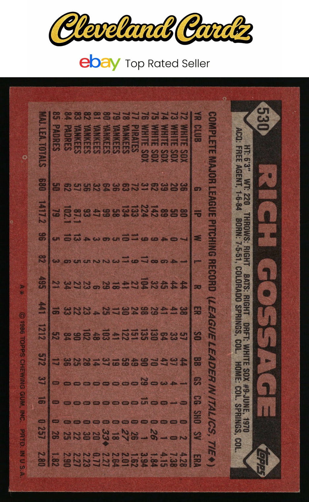1986 Topps #530 Rich Gossage