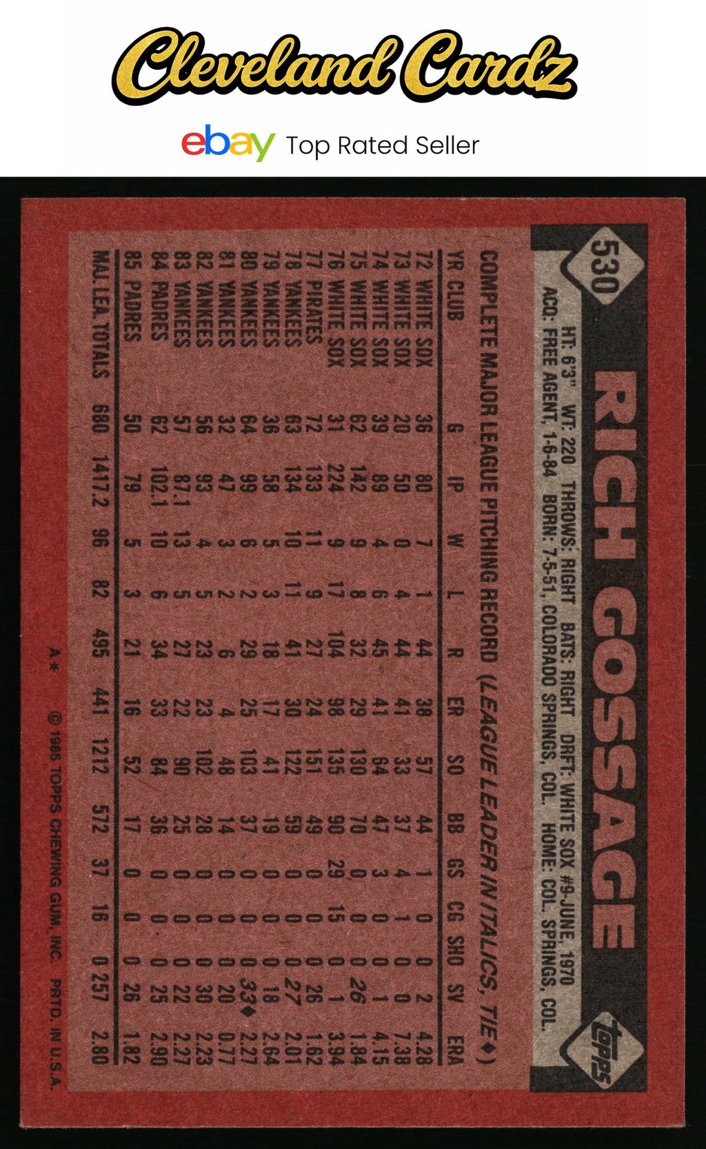 1986 Topps #530 Rich Gossage