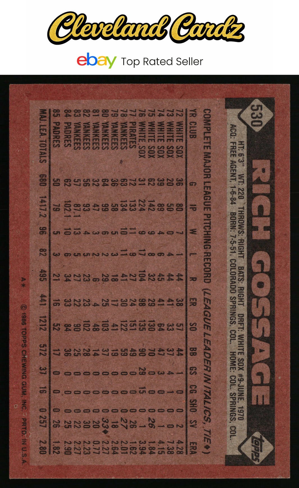 1986 Topps #530 Rich Gossage