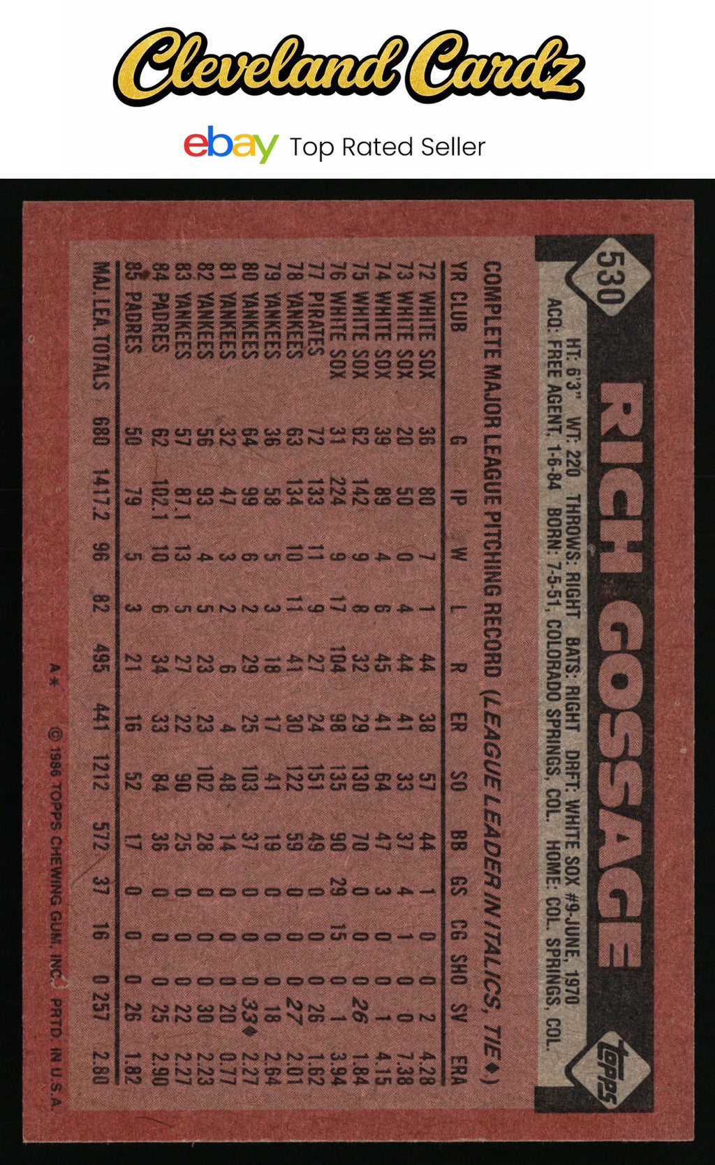 1986 Topps #530 Rich Gossage