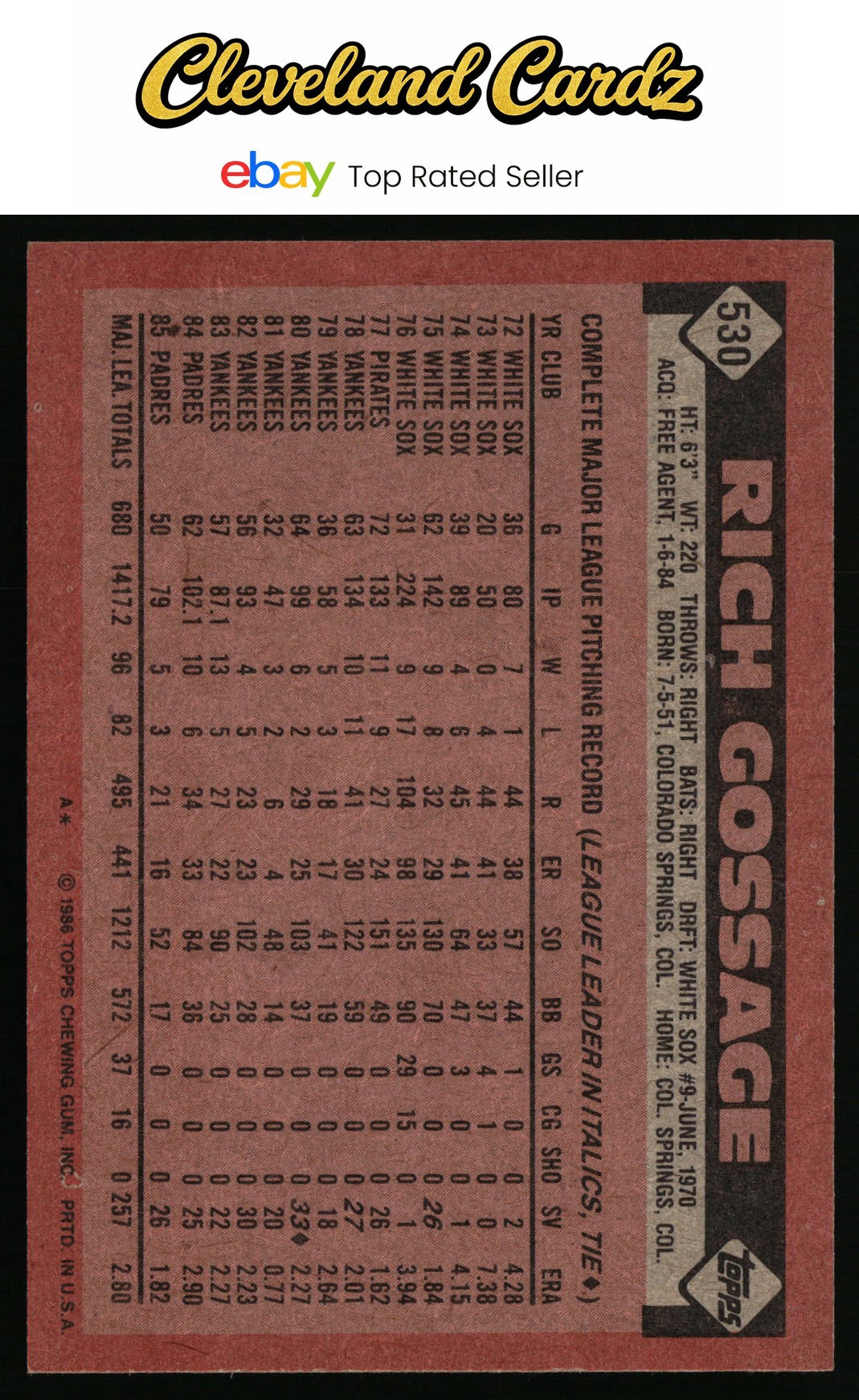 1986 Topps #530 Rich Gossage