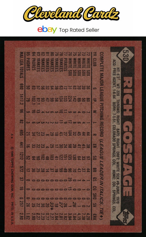 1986 Topps #530 Rich Gossage