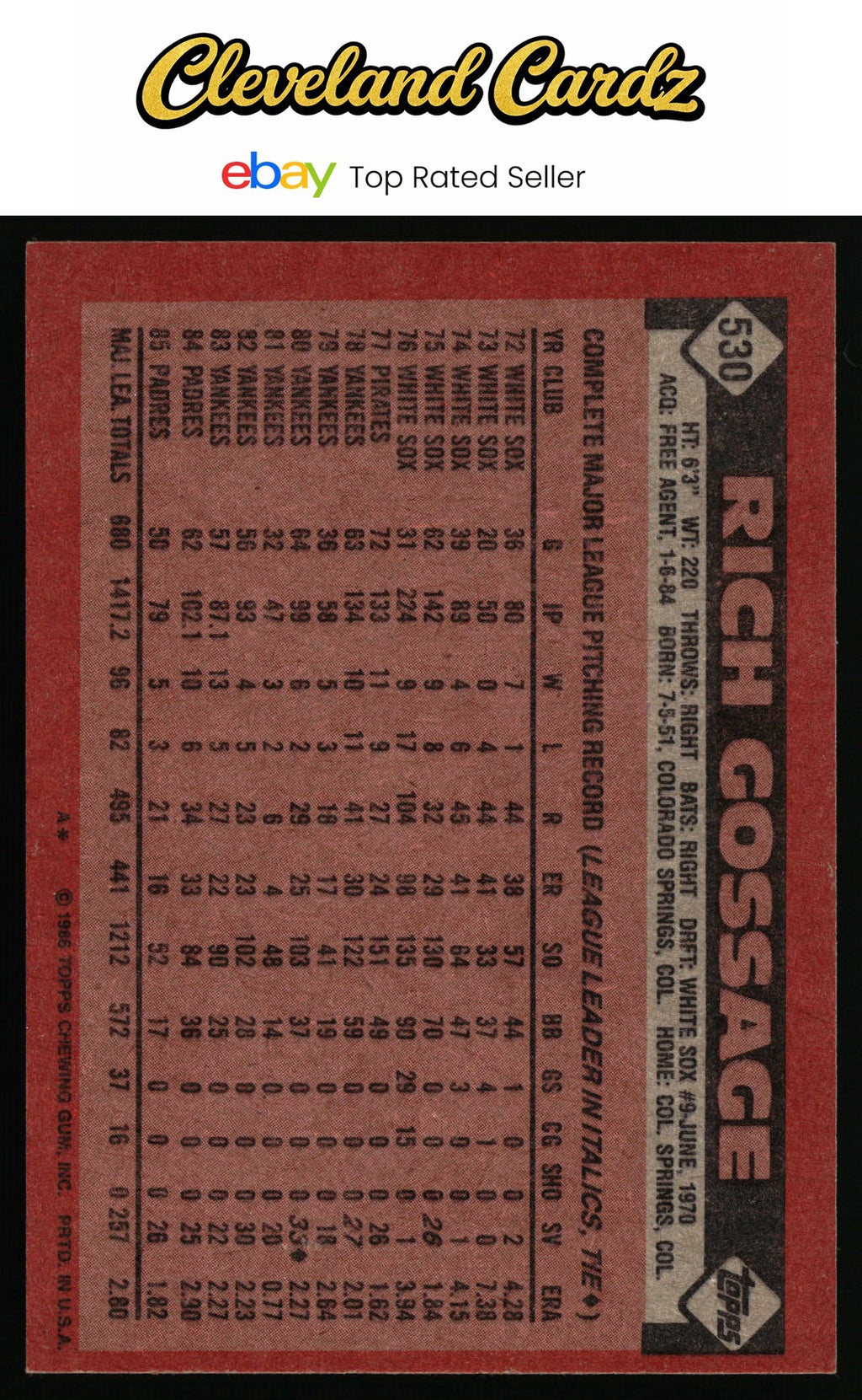 1986 Topps #530 Rich Gossage