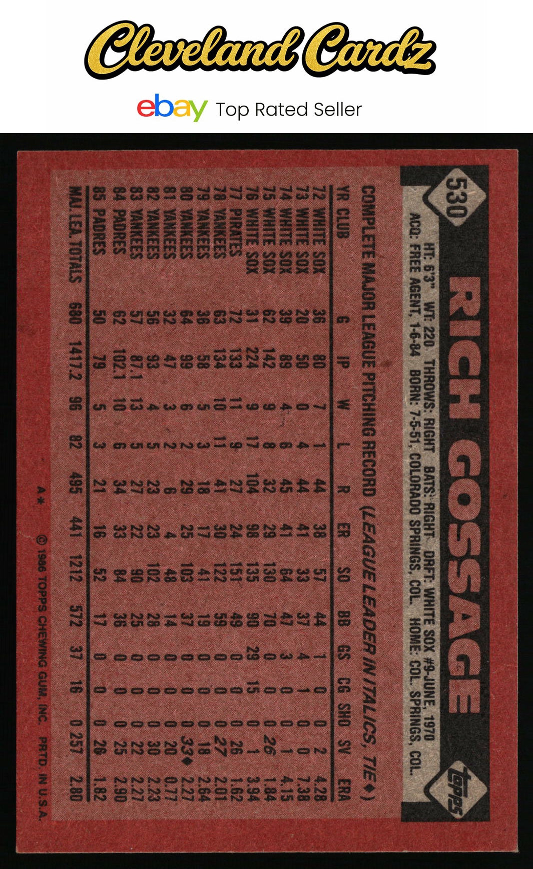 1986 Topps #530 Rich Gossage