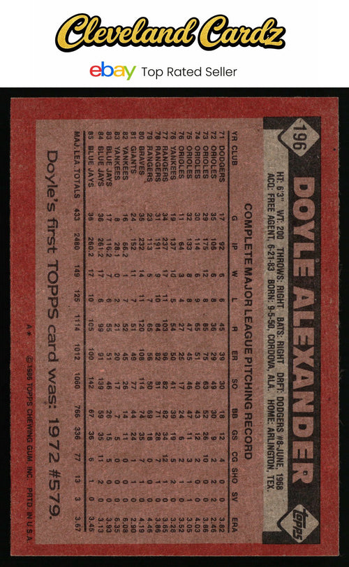 1986 Topps #196 Doyle Alexander