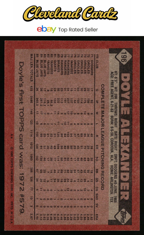 1986 Topps #196 Doyle Alexander