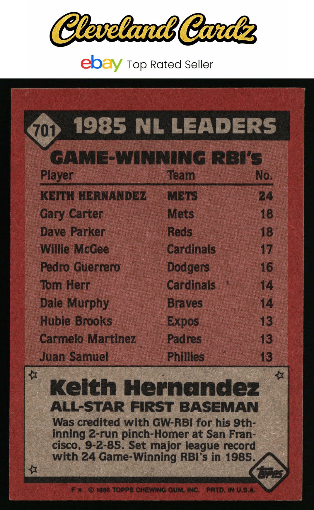 1986 Topps #701 Keith Hernandez