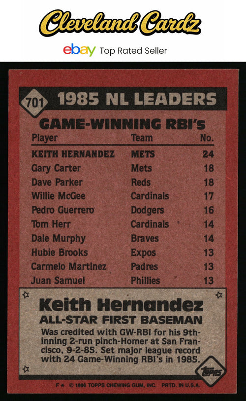 1986 Topps #701 Keith Hernandez