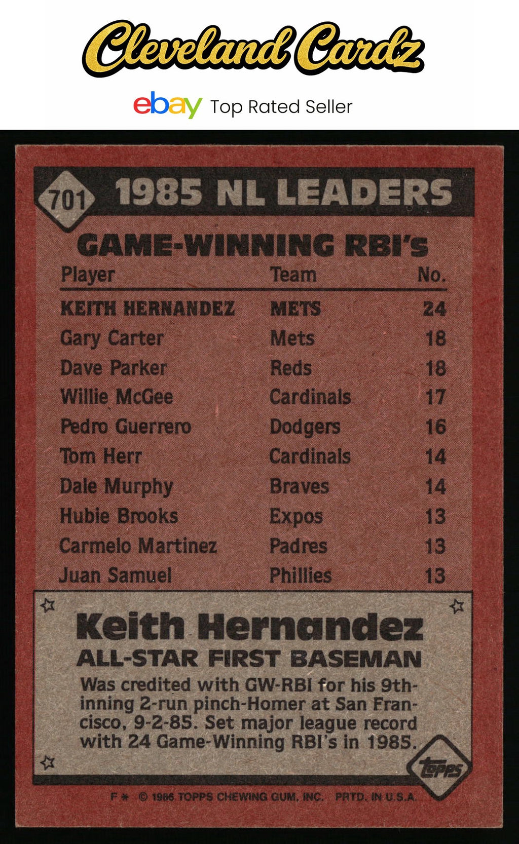 1986 Topps #701 Keith Hernandez