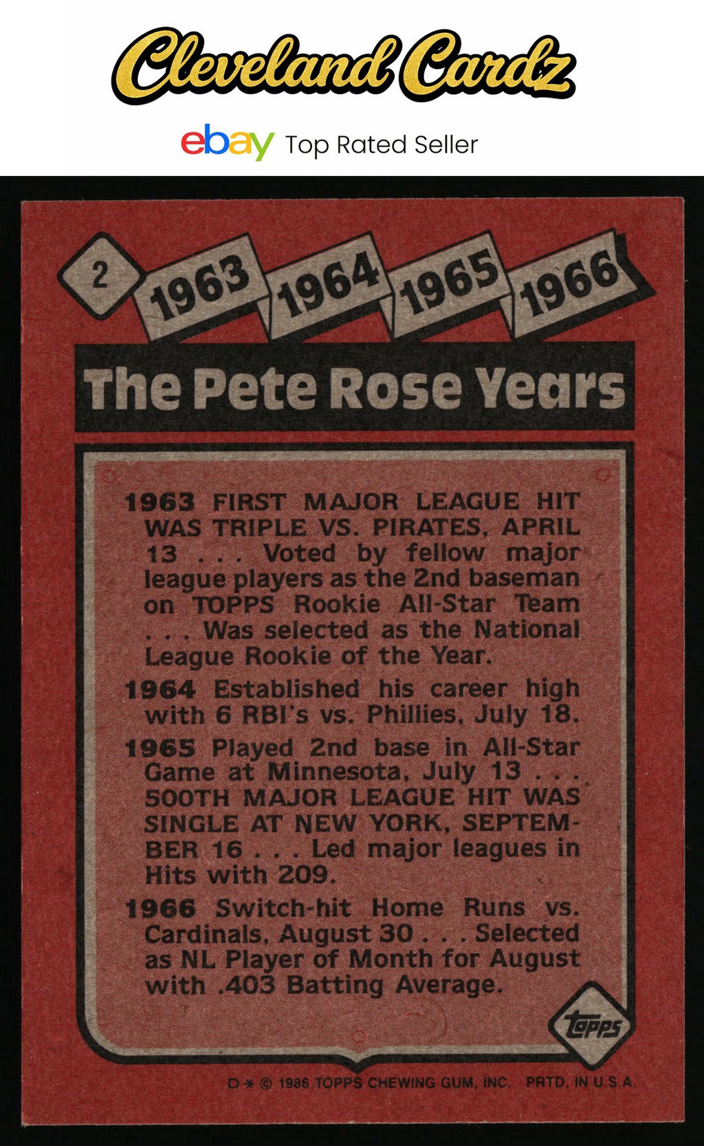 1986 Topps #2 The Pete Rose Years: 1963-1966 TPRY