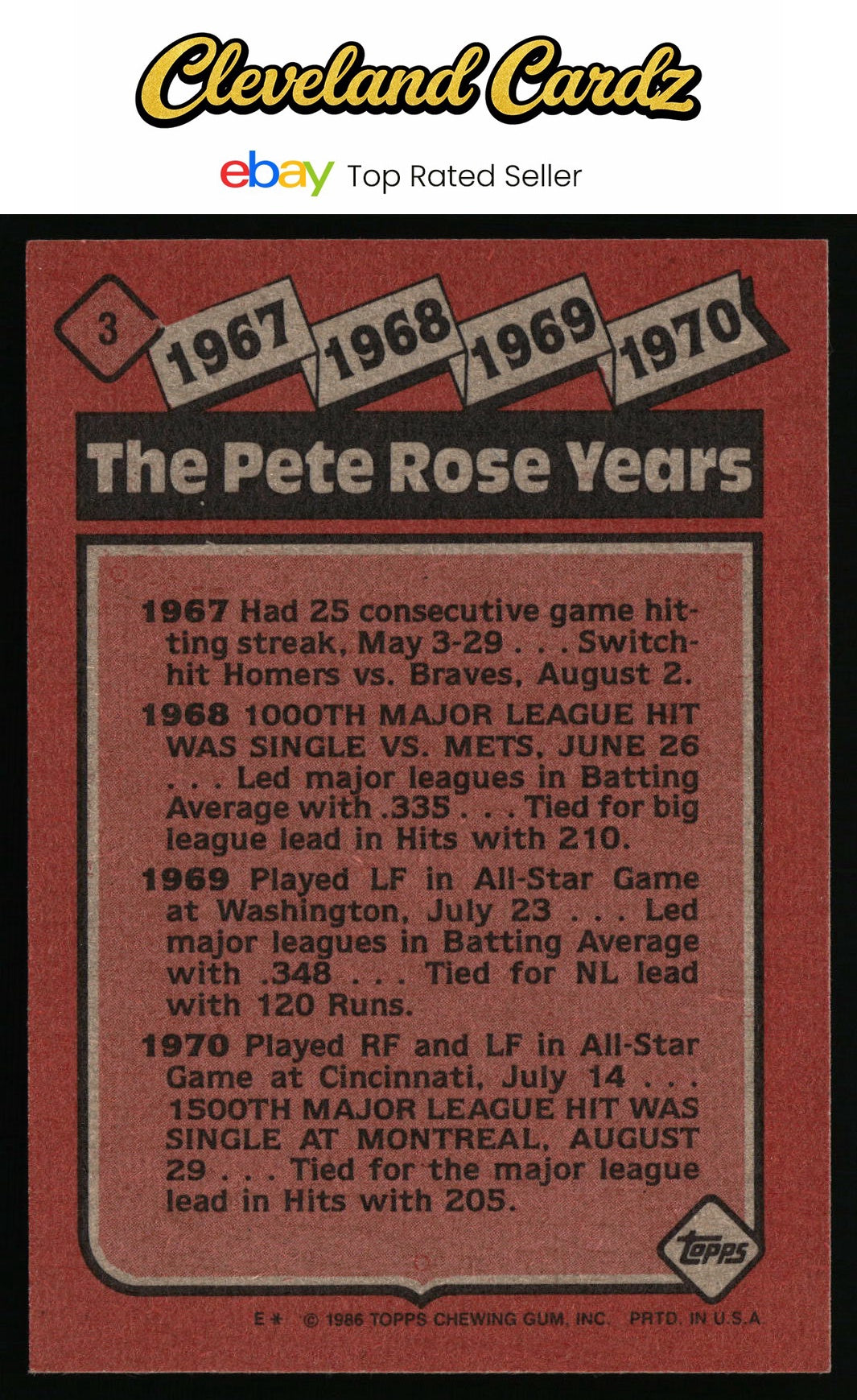1986 Topps #3 The Pete Rose Years: 1967-1970 TPRY