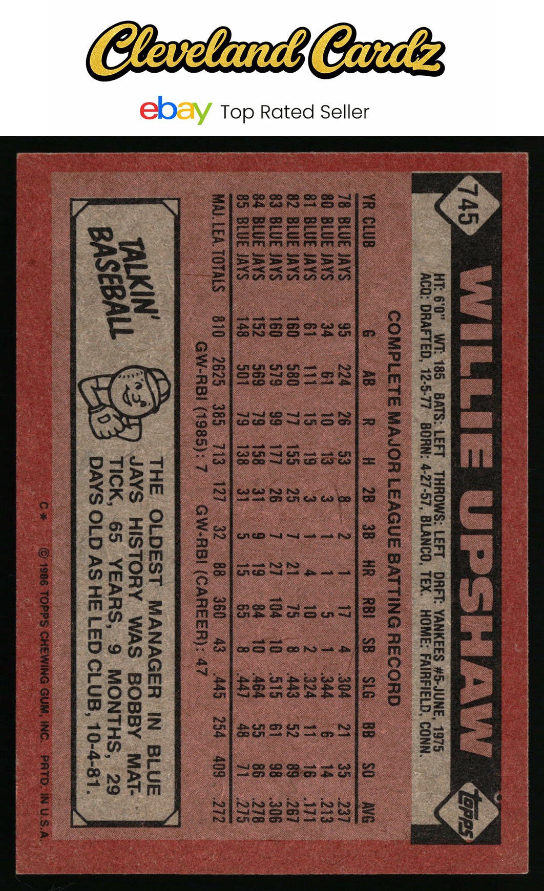 1986 Topps #745 Willie Upshaw