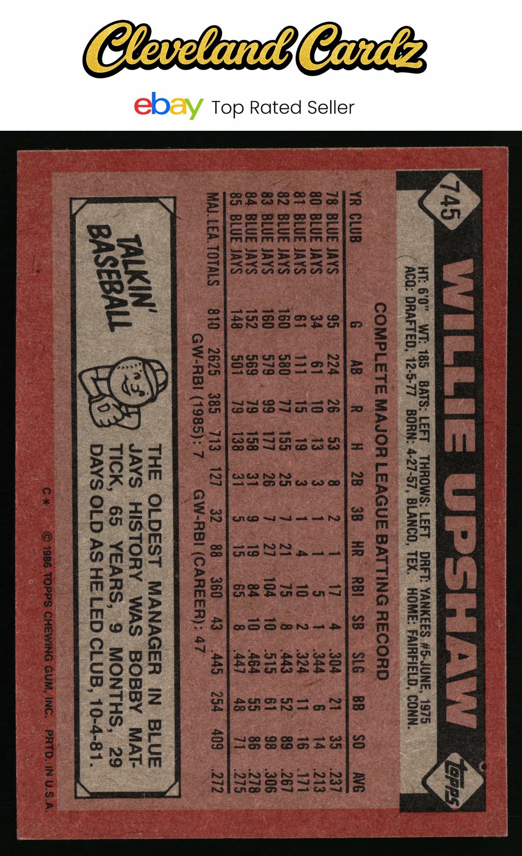 1986 Topps #745 Willie Upshaw