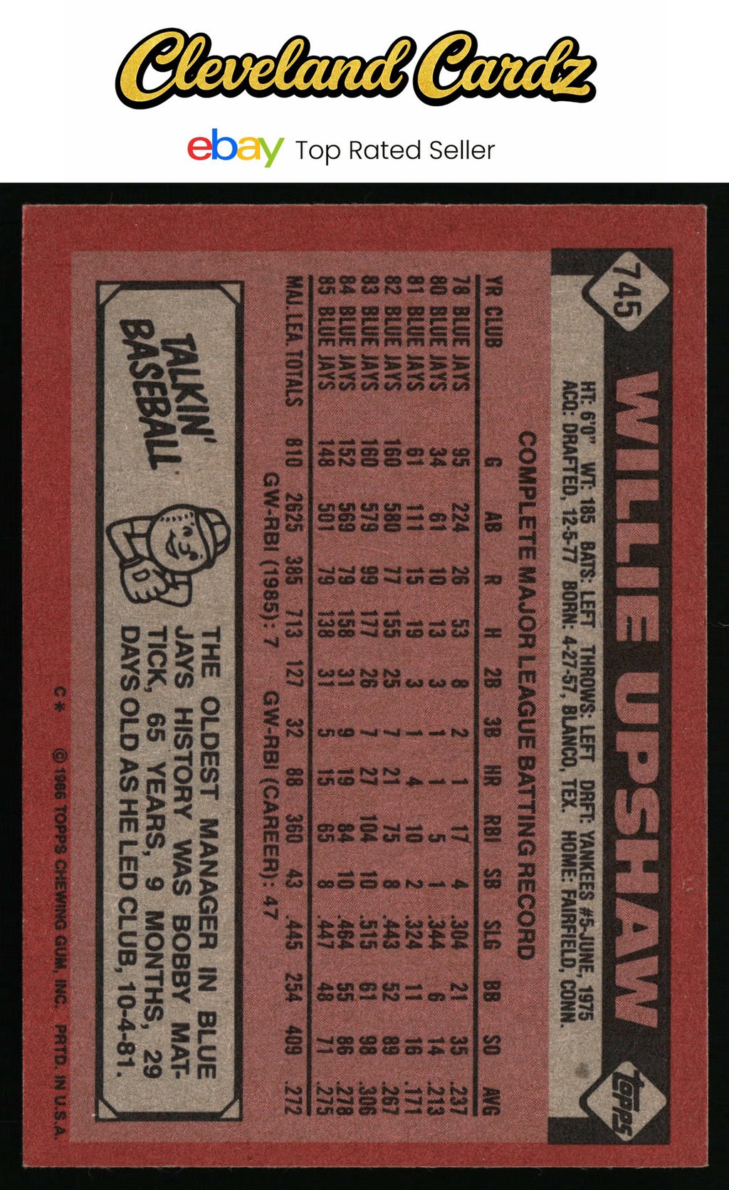 1986 Topps #745 Willie Upshaw