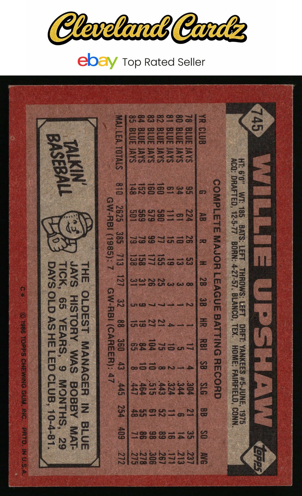 1986 Topps #745 Willie Upshaw