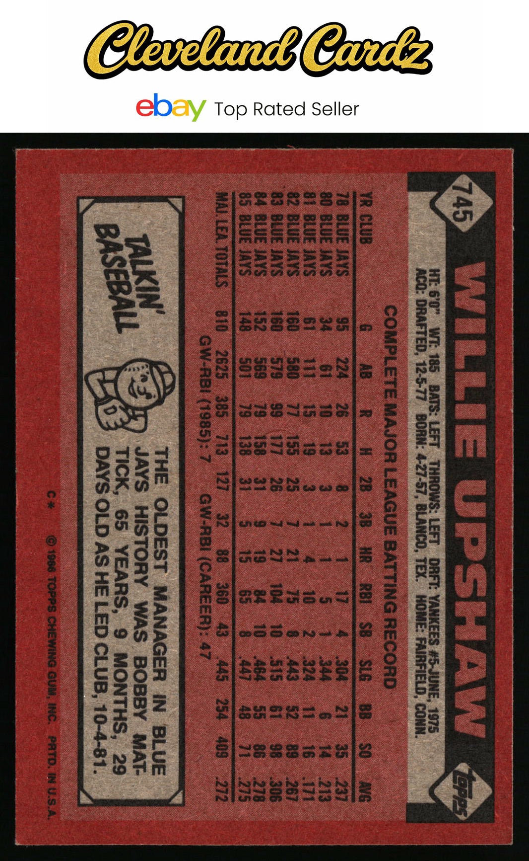 1986 Topps #745 Willie Upshaw