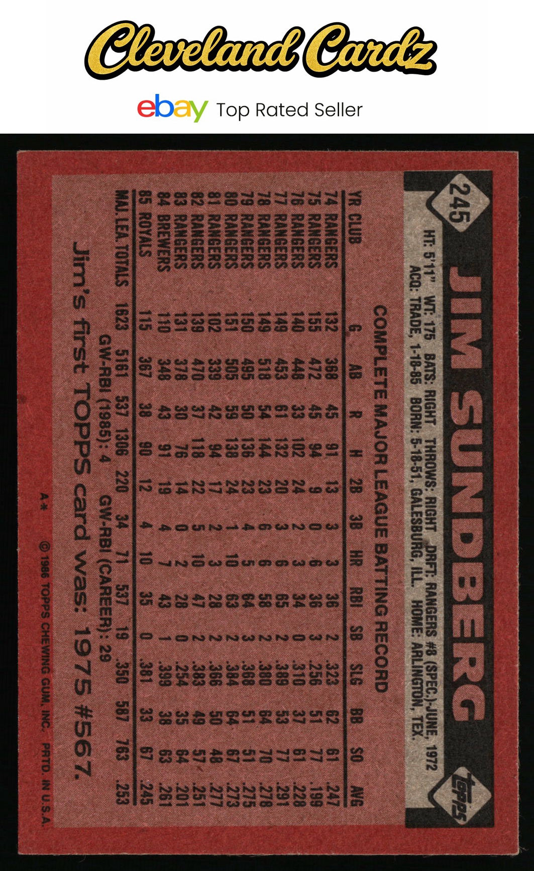 1986 Topps #245 Jim Sundberg