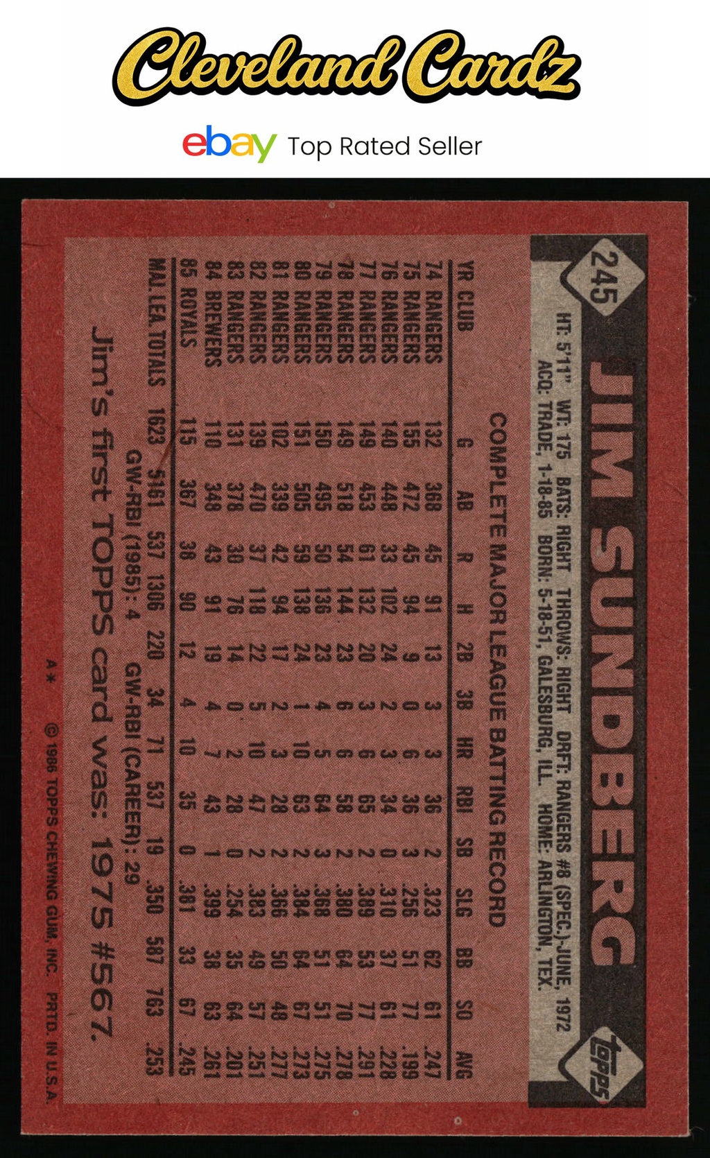 1986 Topps #245 Jim Sundberg