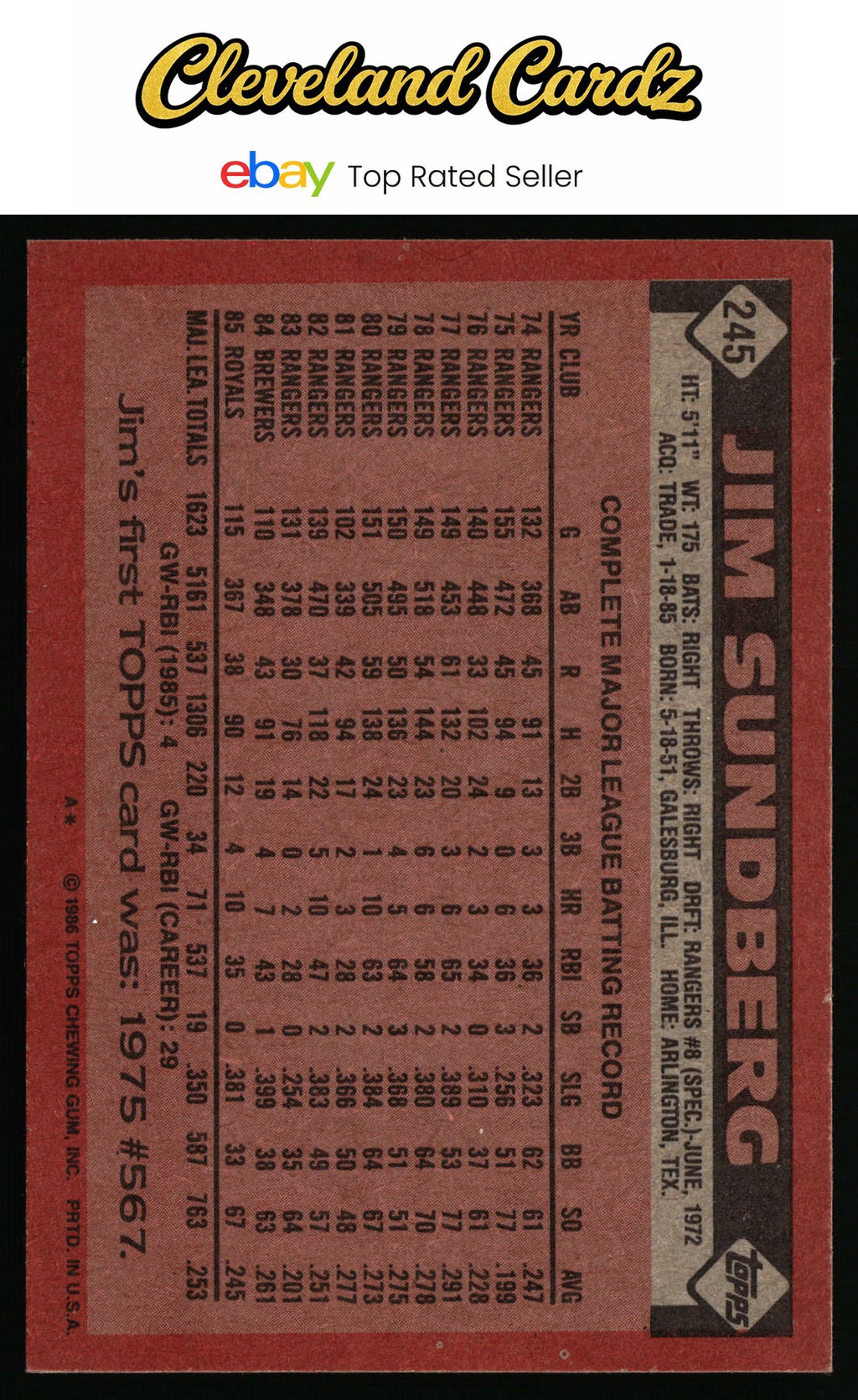 1986 Topps #245 Jim Sundberg