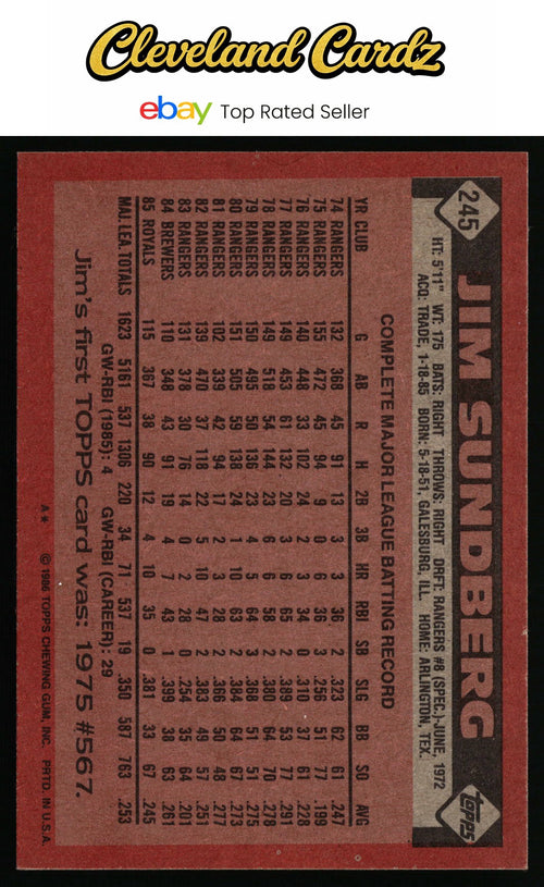 1986 Topps #245 Jim Sundberg